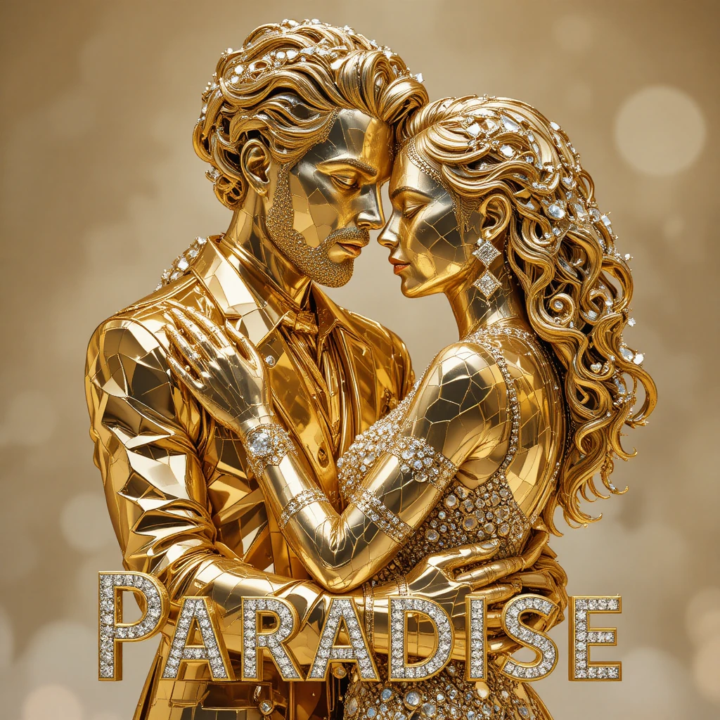 Golden couple in faceted 3d embrace with paradise text