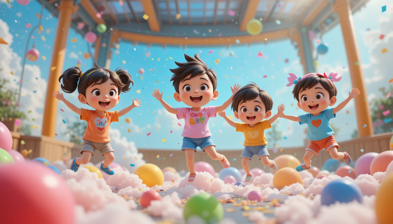 Kids jumping on colorful clouds in playful 3D scene