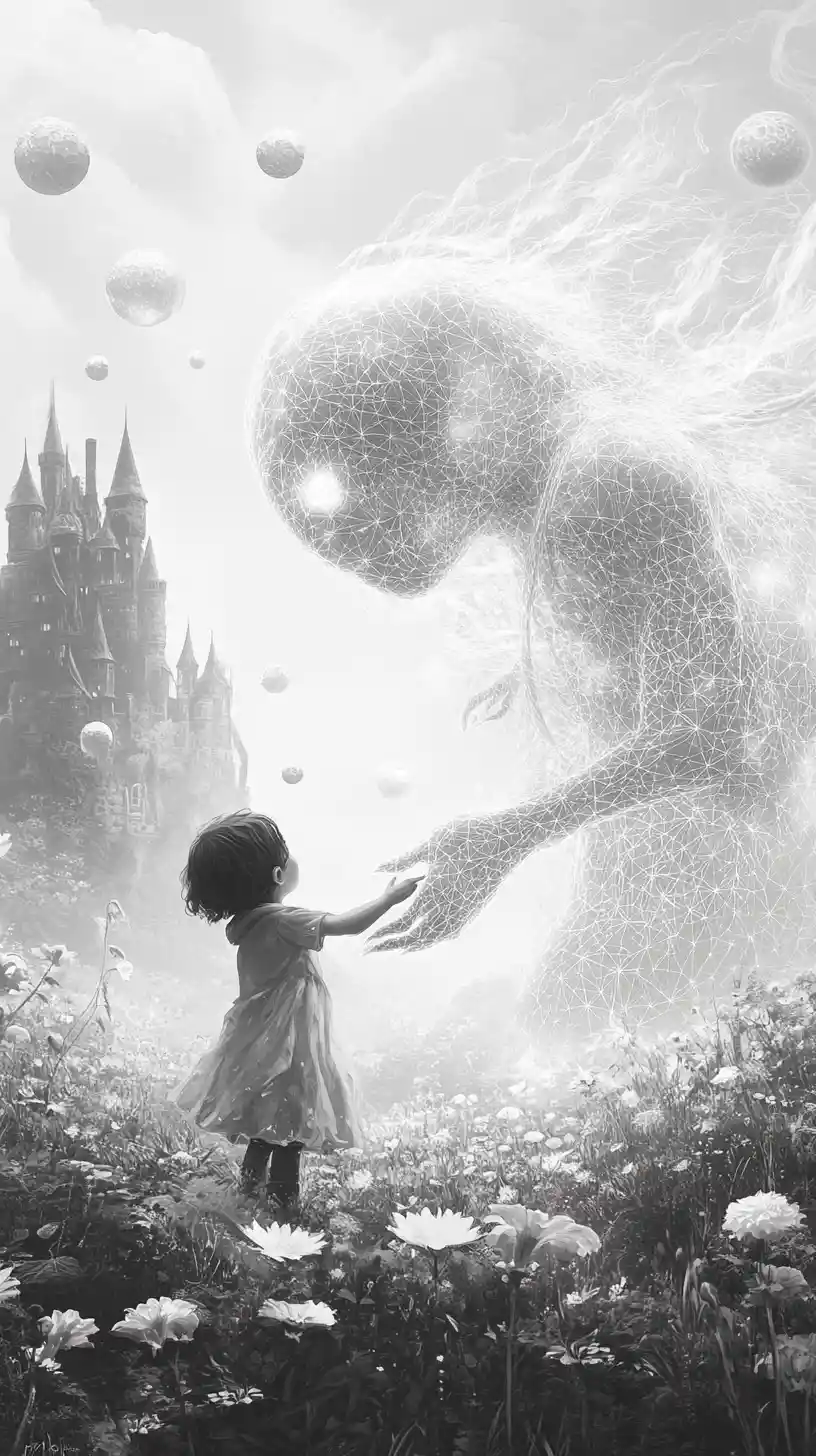 Child Reaching Out To A Crystal Skinned Giant Creature