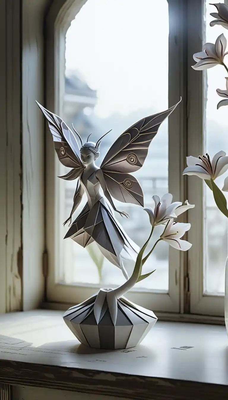 Origami paper fae sculpture by a candlelit bay window