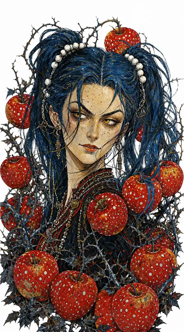 Blue haired fantasy woman framed by thorny branches and apples
