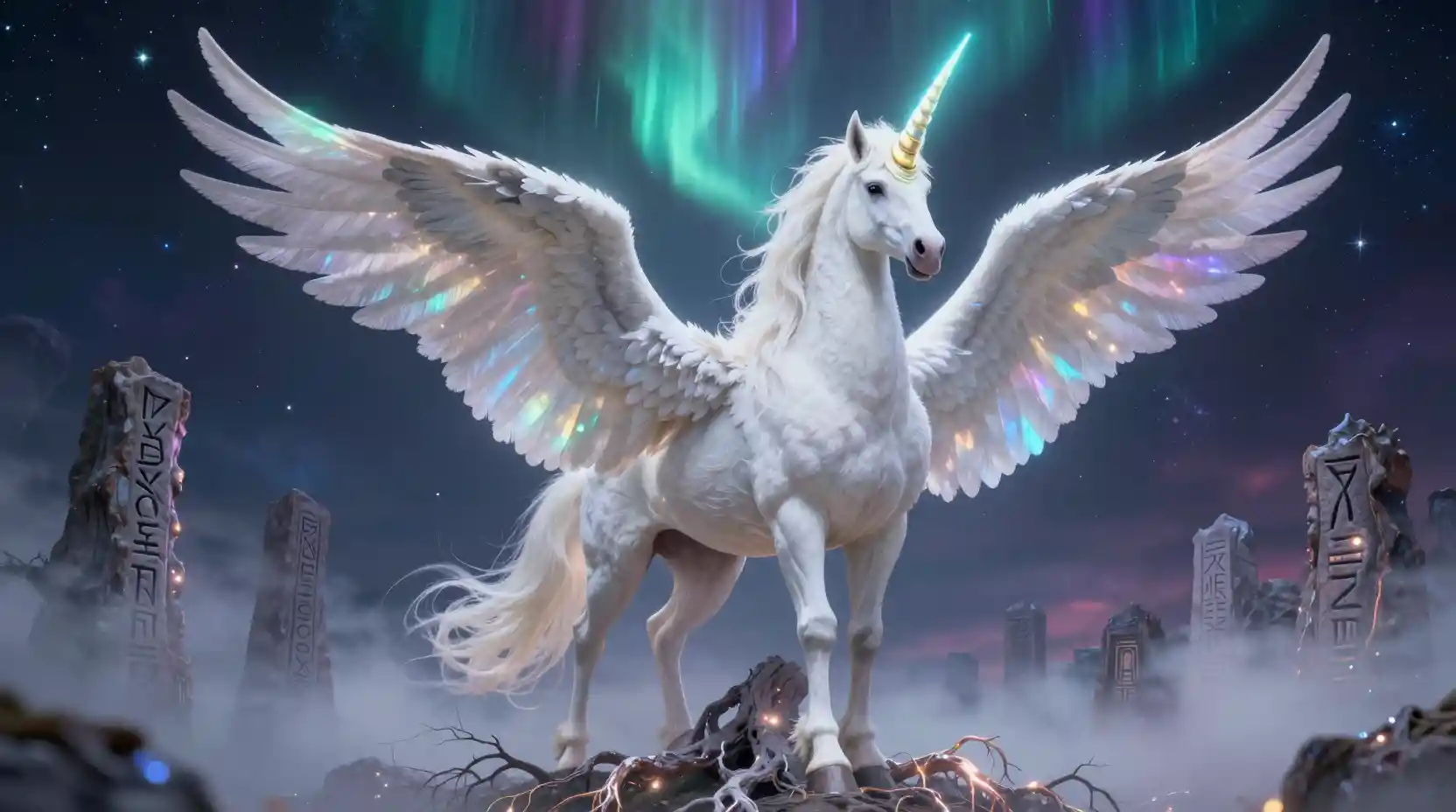 Majestic winged unicorn beneath the glowing world tree