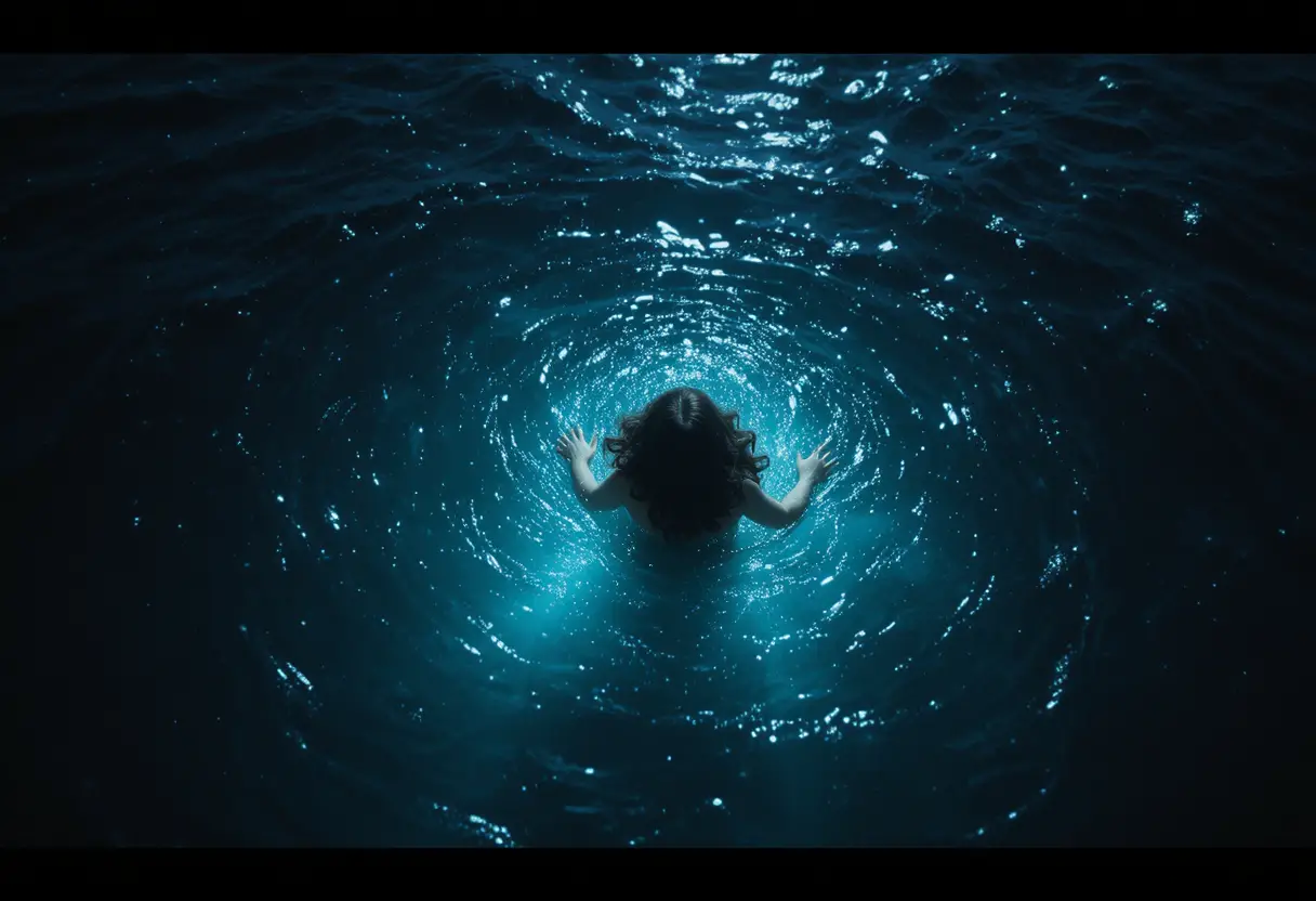 Serene figure floating on glowing deep ocean water