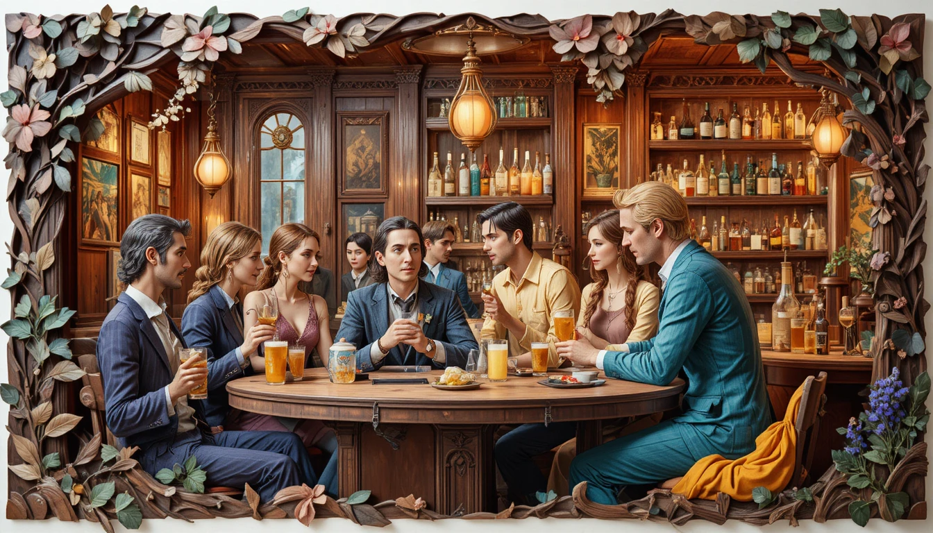 People gathered in a cozy bar rendered in pixel art