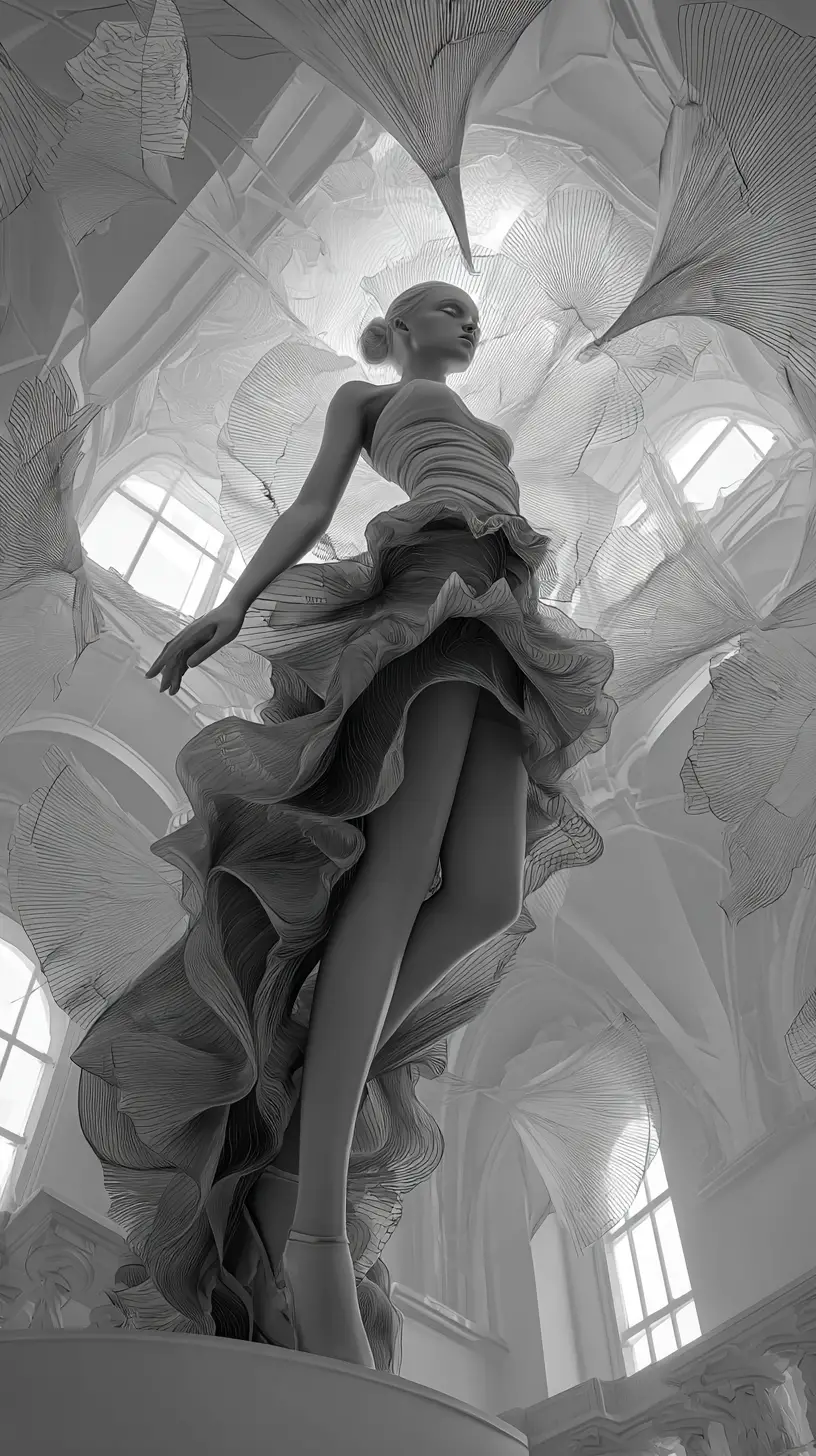 Surreal woman in flowing dress warping a floating fantasy world