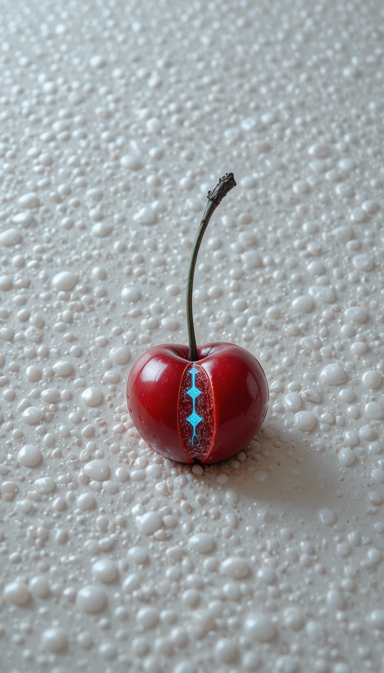Surreal macro close up of a split cherry on white