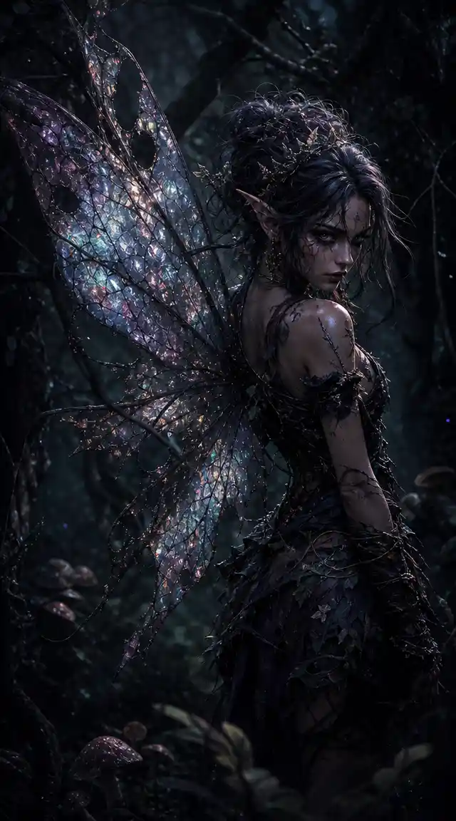 Defiant fairy with broken crystal like wings in forest shadows