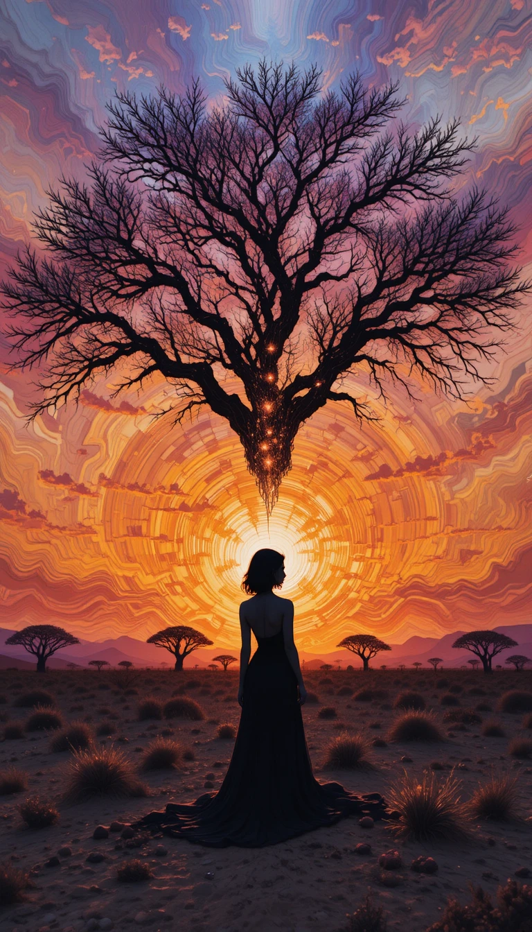 Woman silhouette by a barren tree at desert sunset