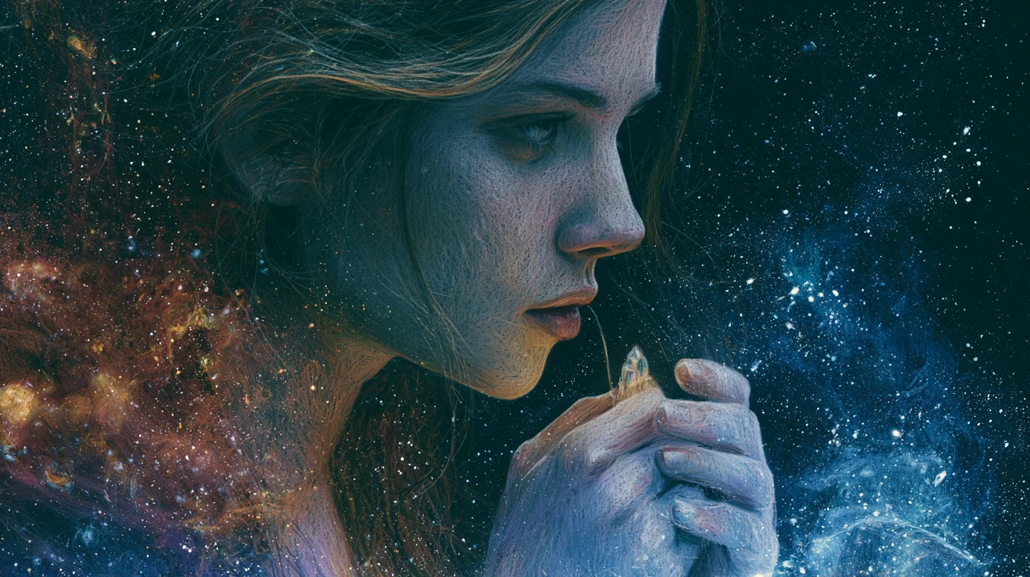 Young woman in space clutching a glowing crystal pendant