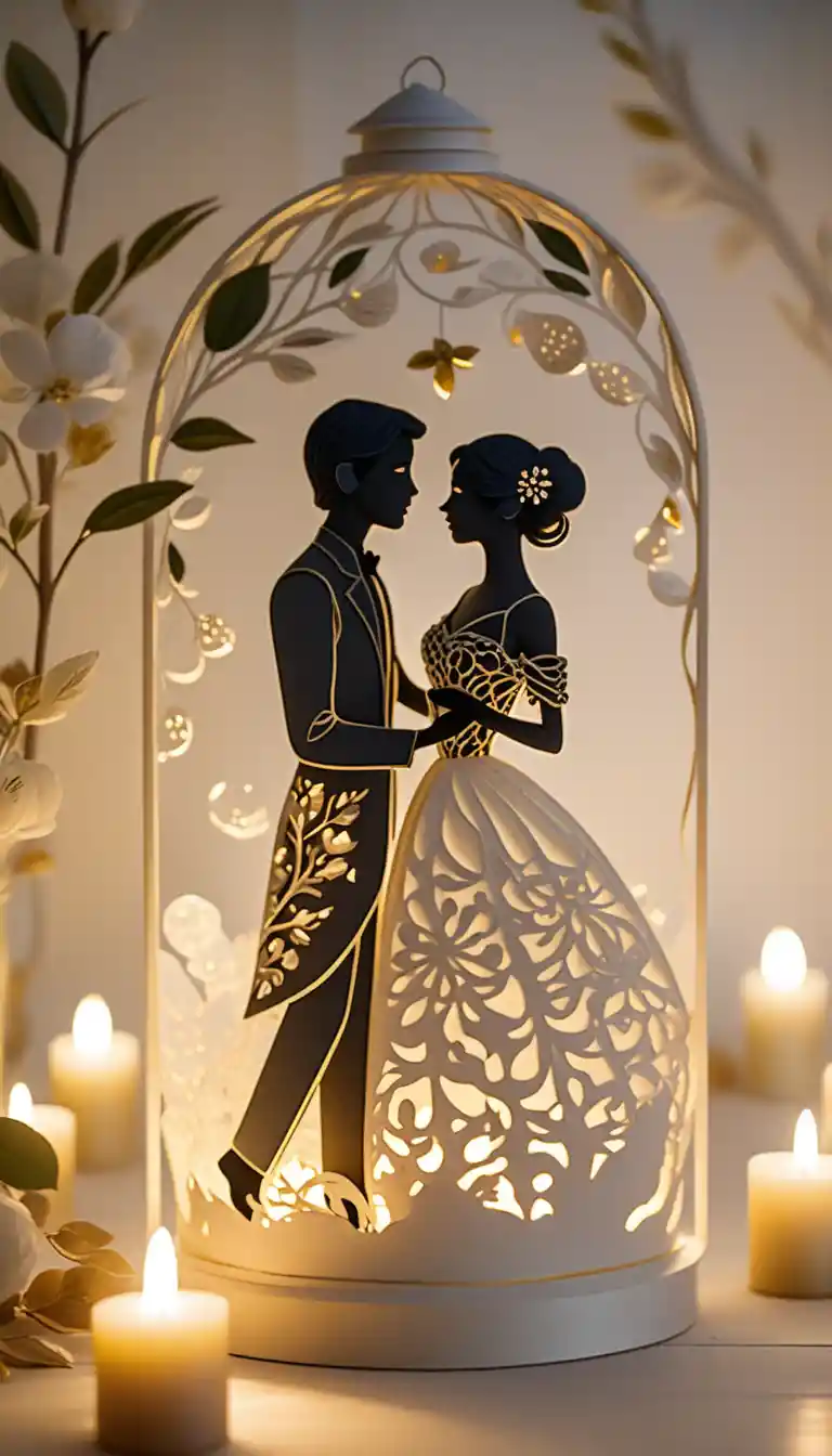 Papier mache couple waltz silhouette with lantern and flowers
