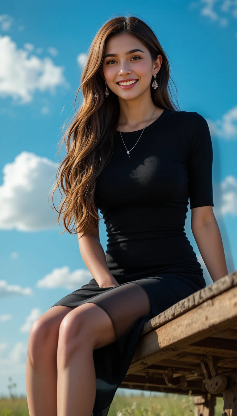 Young woman smiling on wooden chaise lounge outdoors
