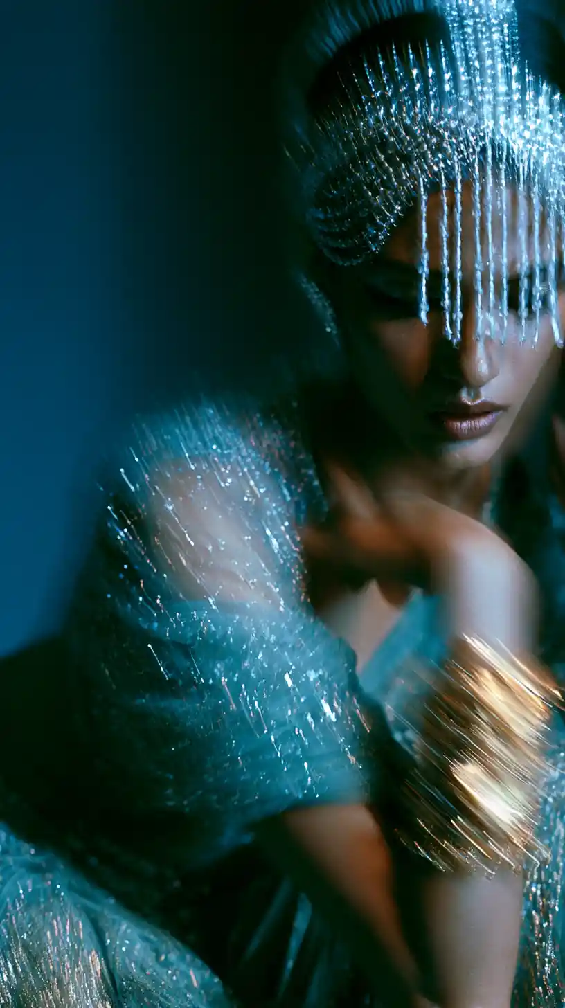 High fashion woman in teal lehenga with pearl headpiece