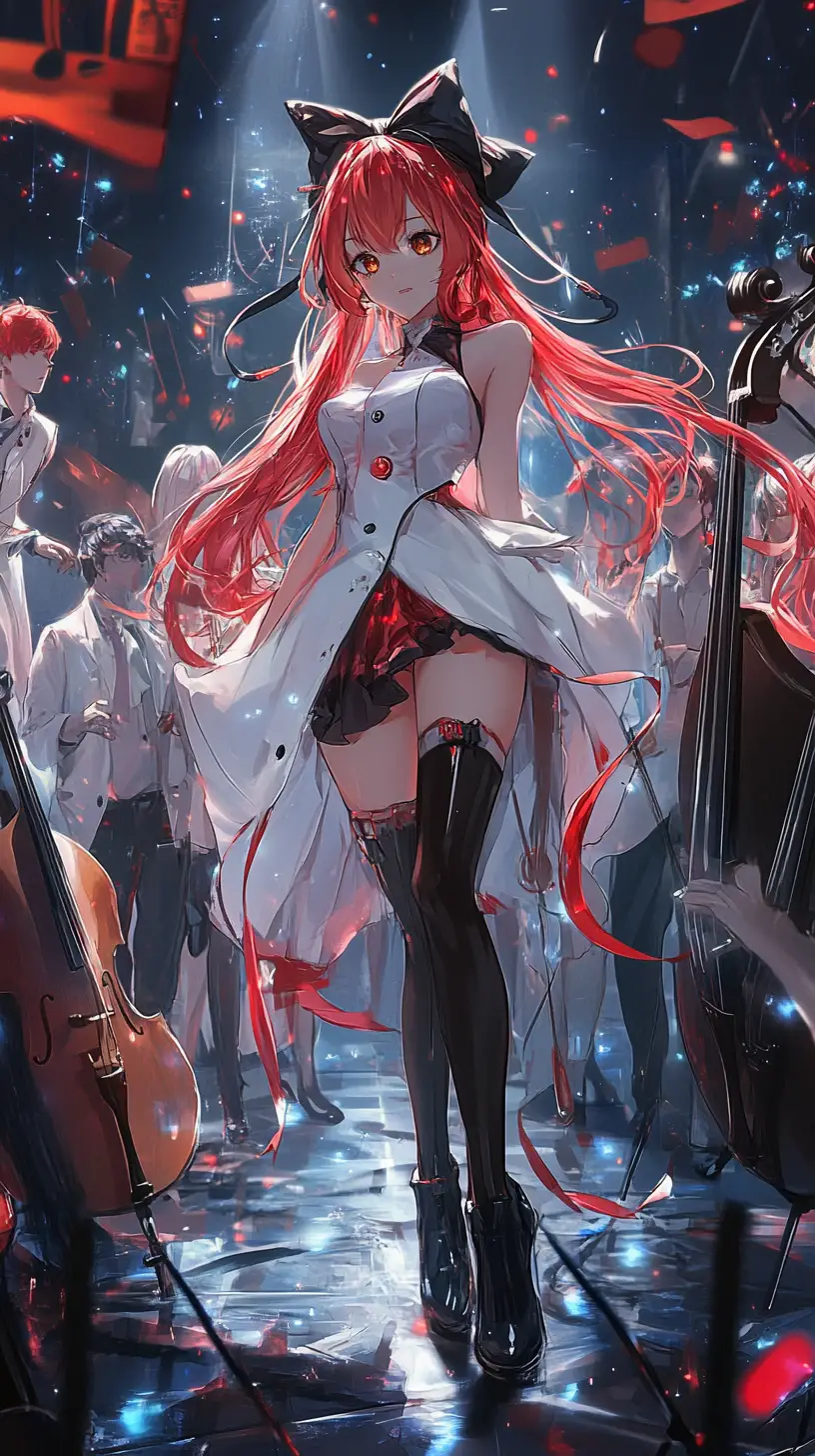 Ragazza anime che balla con sorriso energico in una stanza in penombra