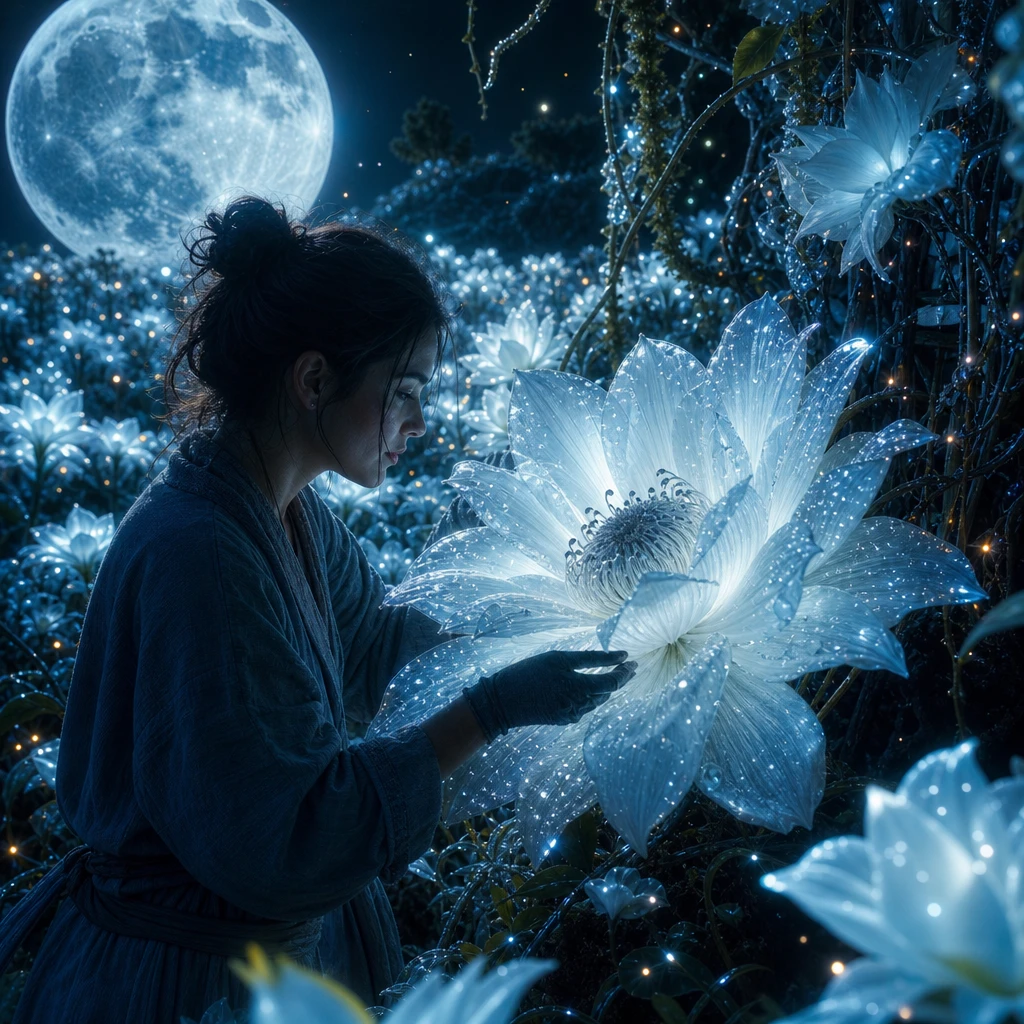 Gardener Studying Luminous Moonlit Flowers In Vast Sanctuary