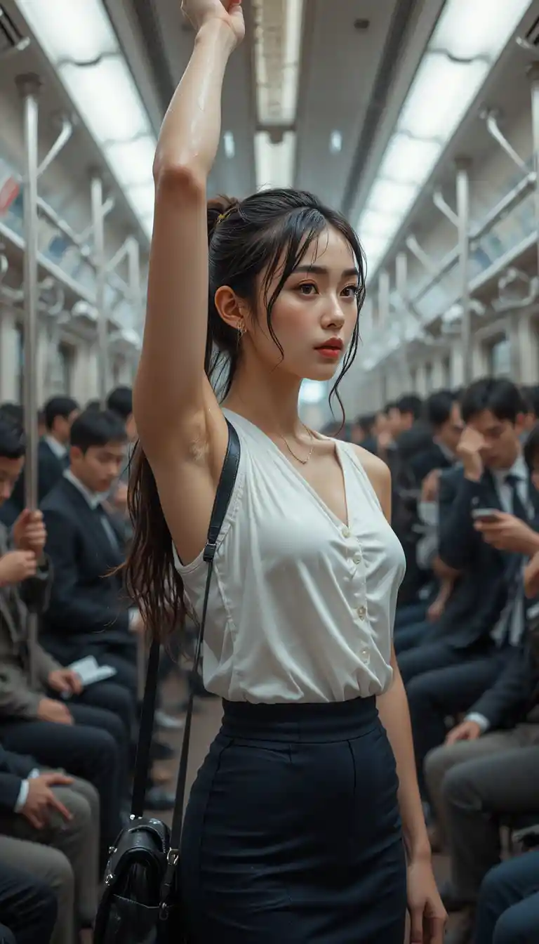 Young woman on a crowded subway during a rainy day