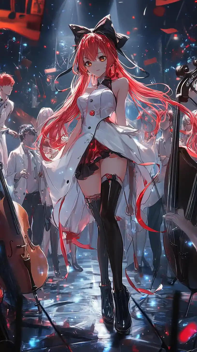 Anime girl dancing with smiling energy in dim room