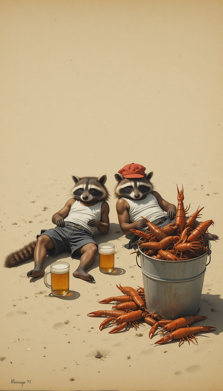 Two raccoons napping on a summer beach in simple line art