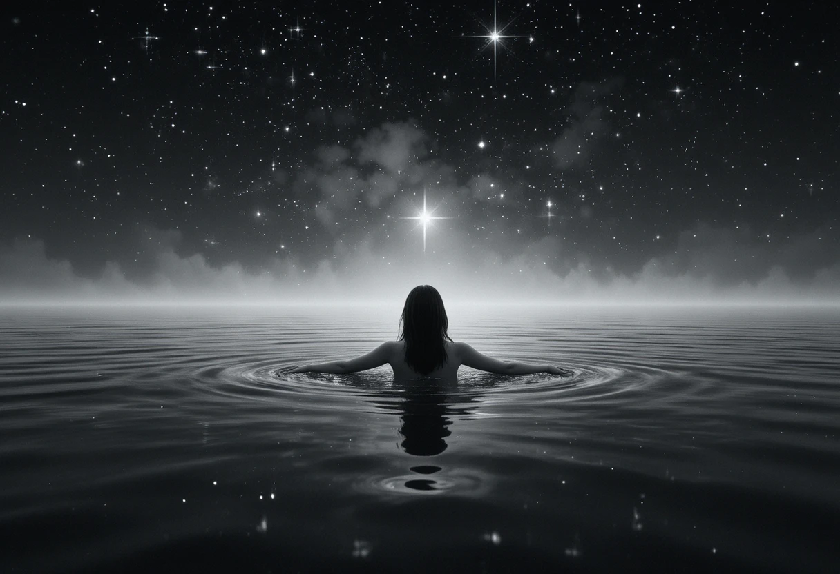 Mystical woman gliding across a starlit reflective lake