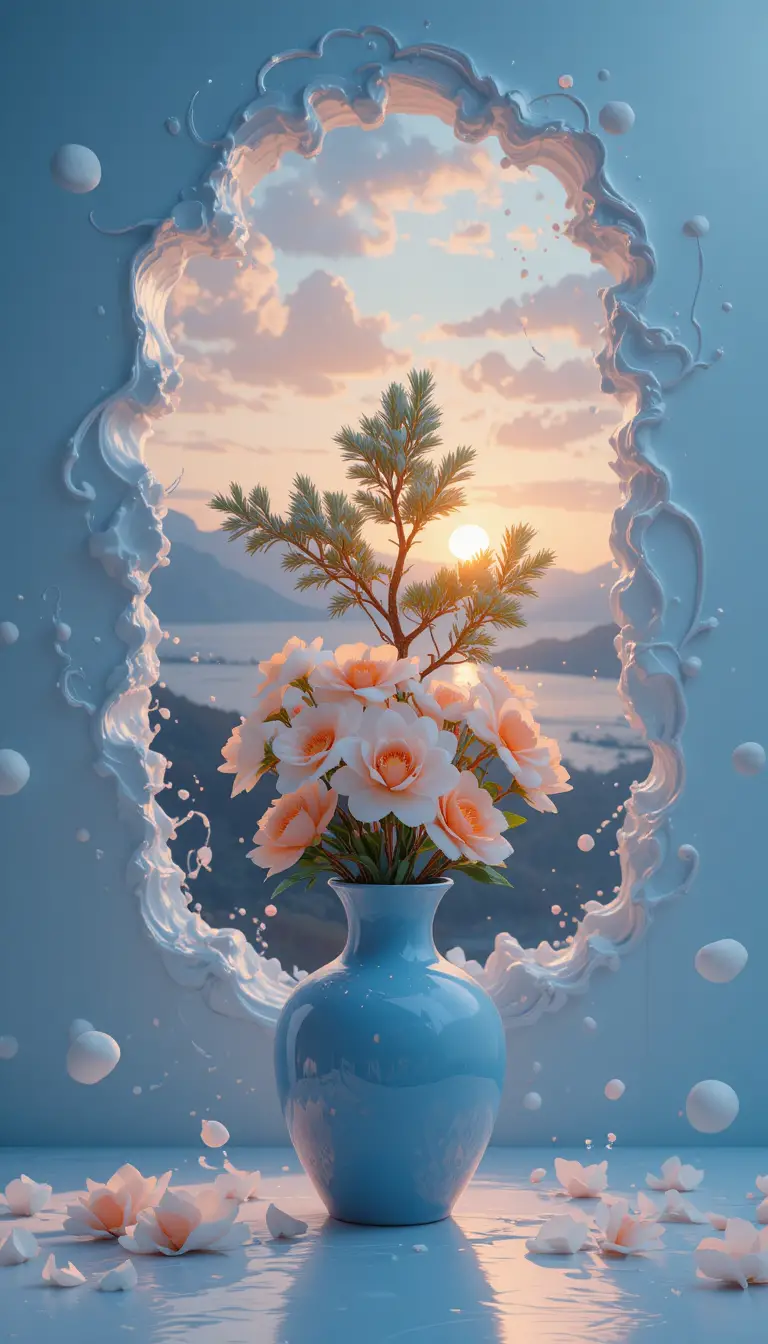 Blue vase with flowers framing a surreal ocean sunset