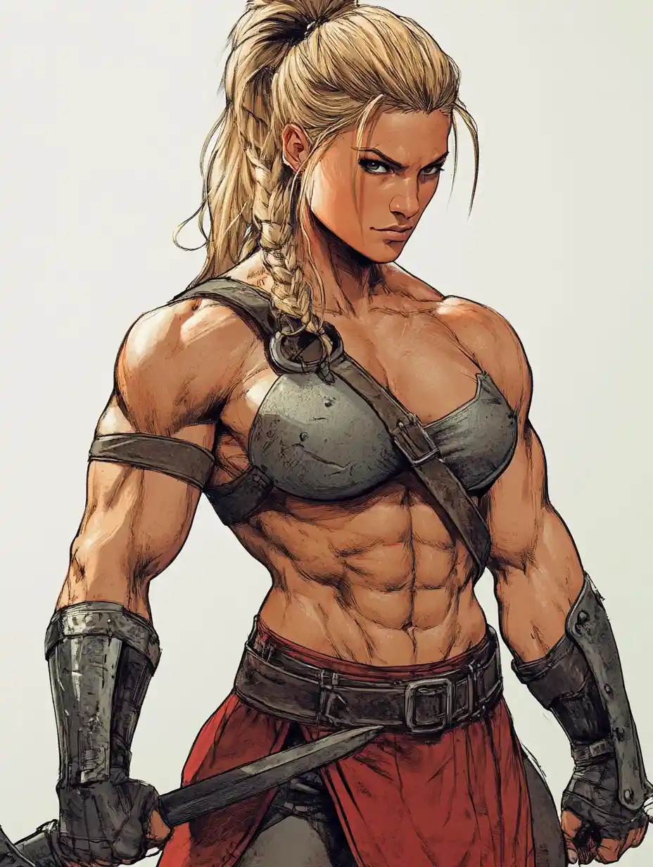Hyper muscular female warrior in bold digital line art
