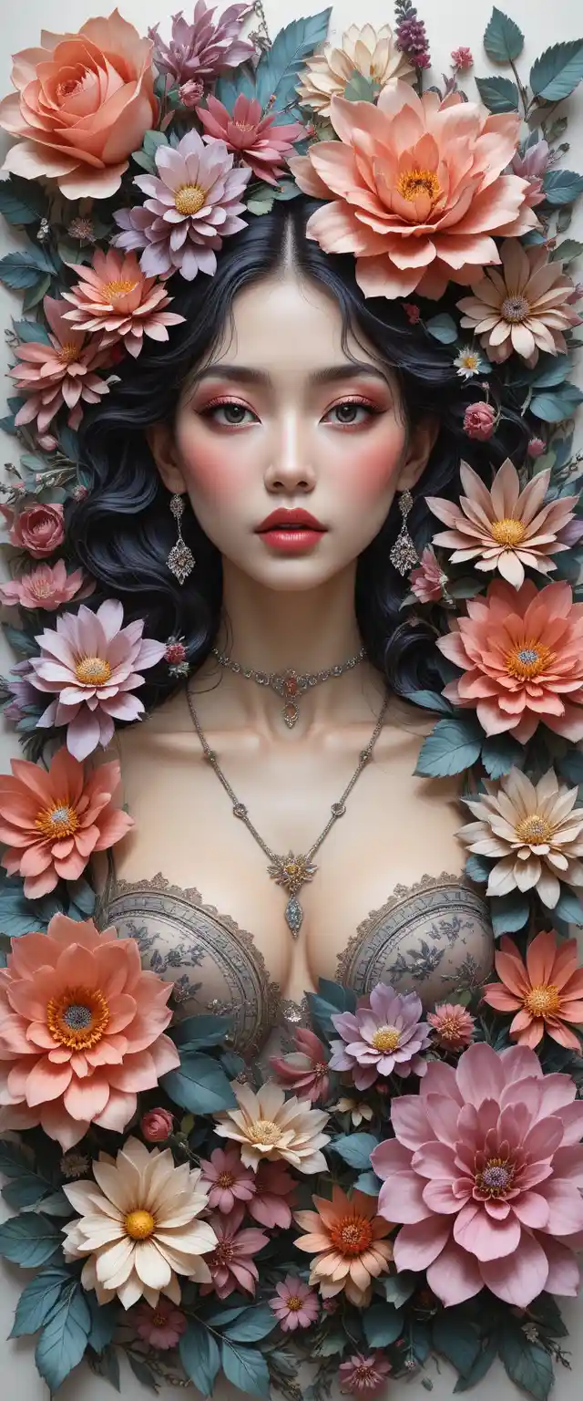 Sensual floral woman portrait in delicate paper art style
