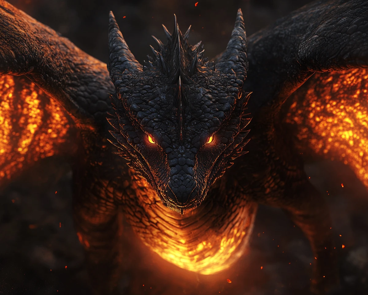 Black dragon with fiery glowing wings and molten chest