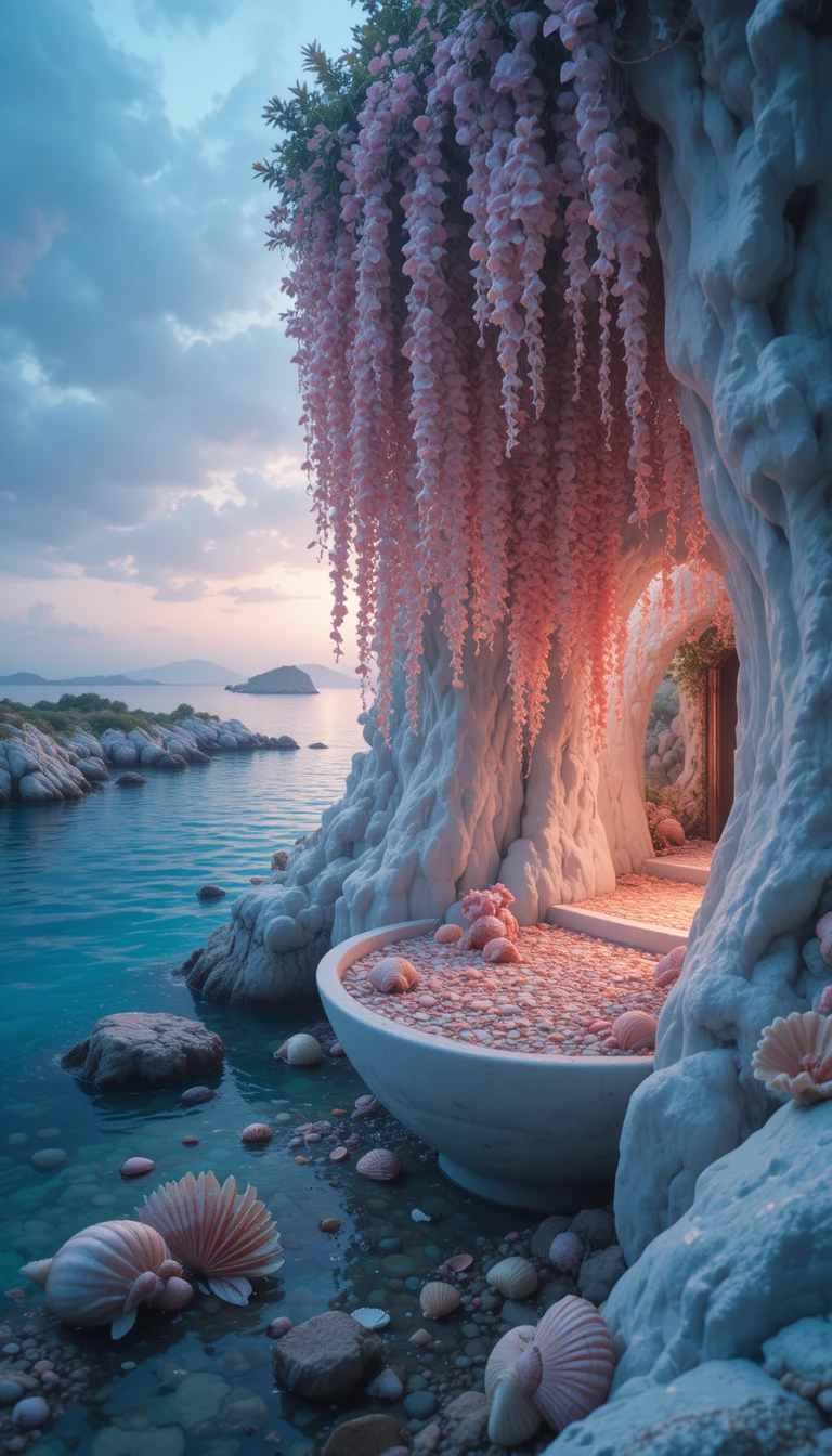 Serene seascape at pale pink sunrise with seashells