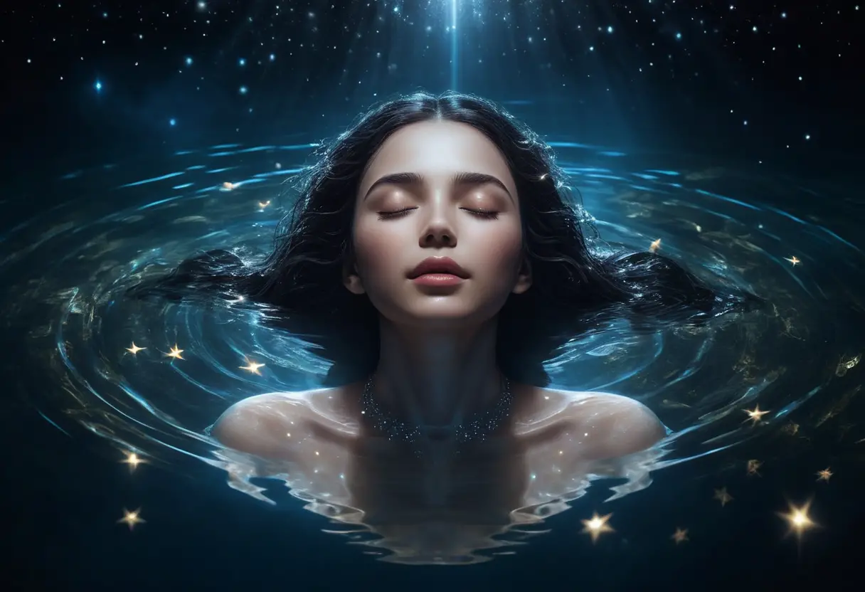 Mystical woman floating above glowing starlit water