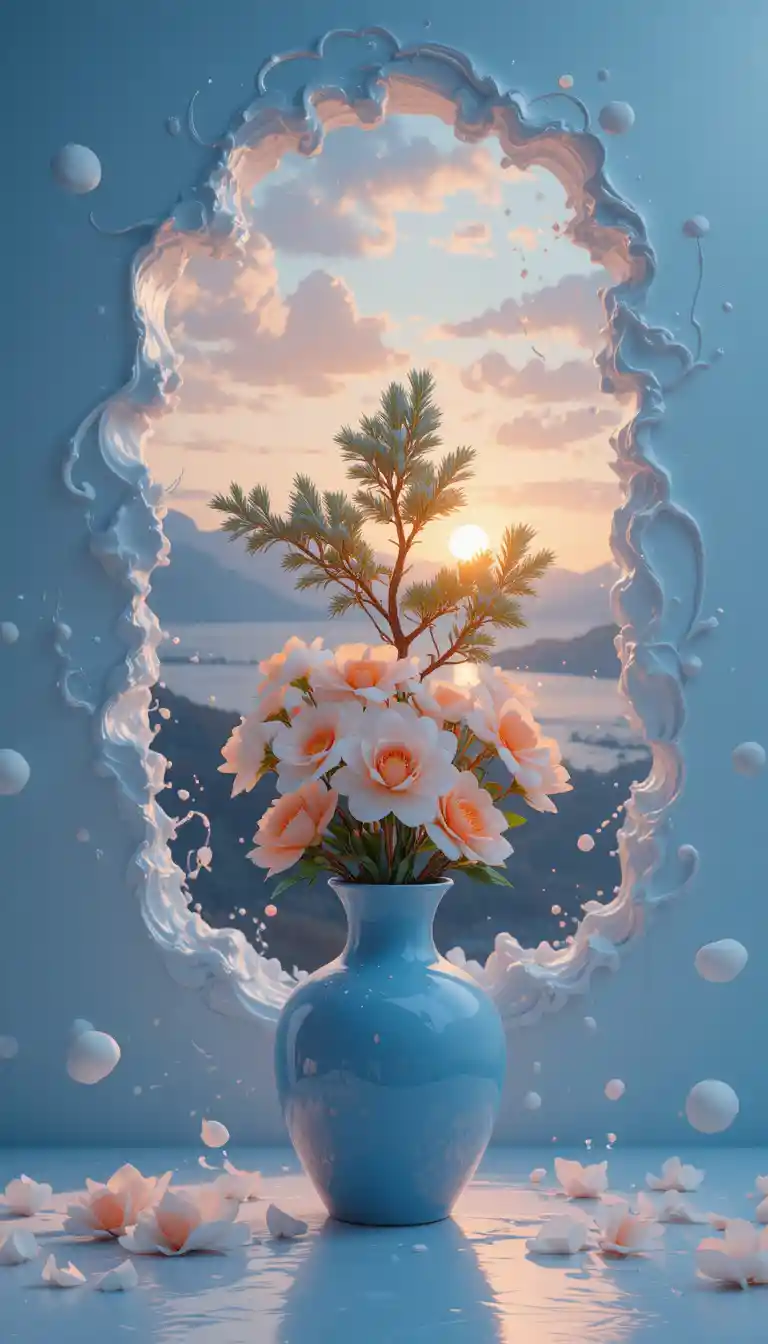 藍色花瓶與花朵勾勒出超現實海上日落