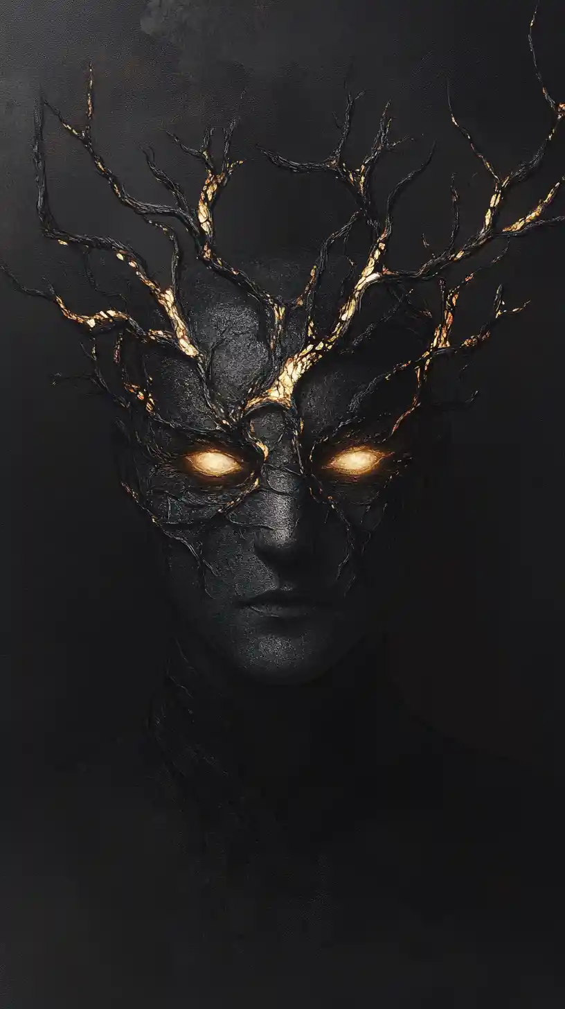 Charcoal faced dark creature with ember eyes and branch crown