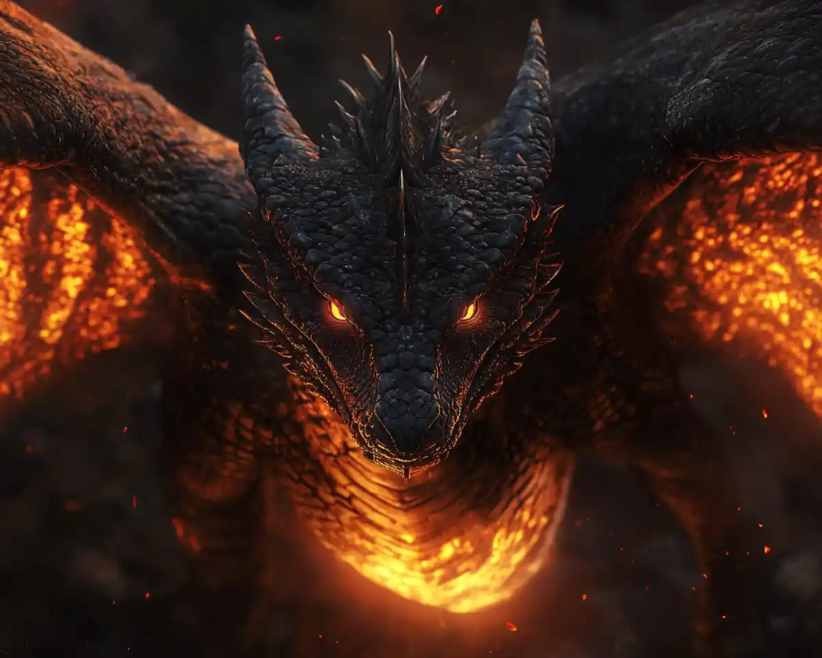 Black dragon with fiery glowing wings and molten chest