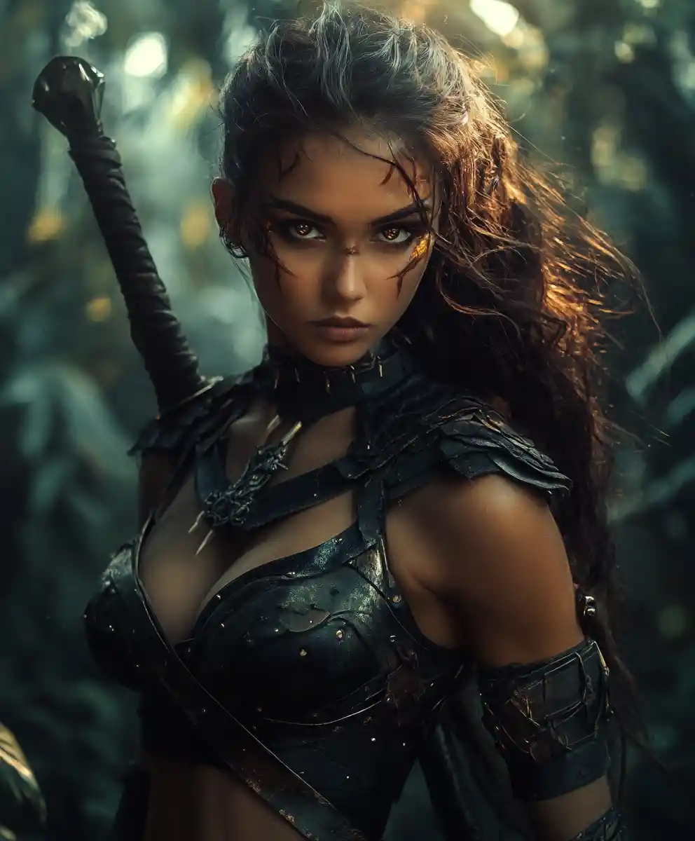 Feral fantasy warrior woman in an enchanted dark forest