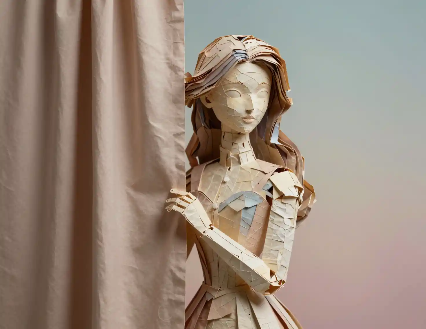 Papier mache woman emerging from curtain in pastel scene