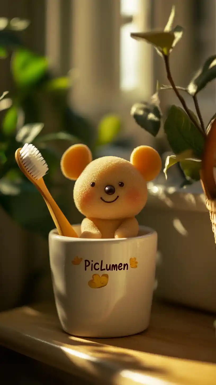 Ratón tierno en vaso para cepillos con forma de diente en el baño
