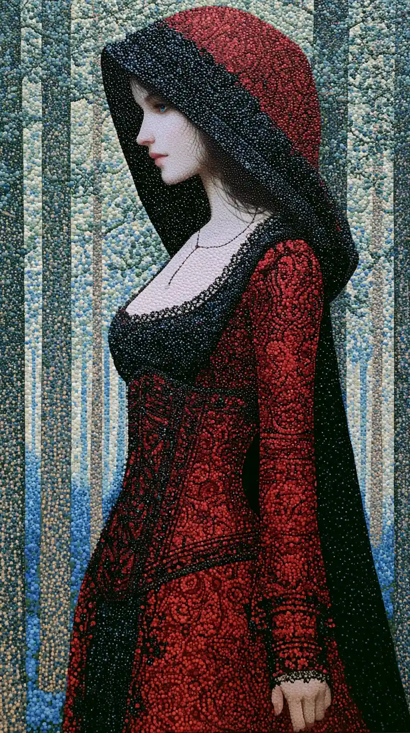 Mysterious Woman In Red Cloak In Pointillist Forest