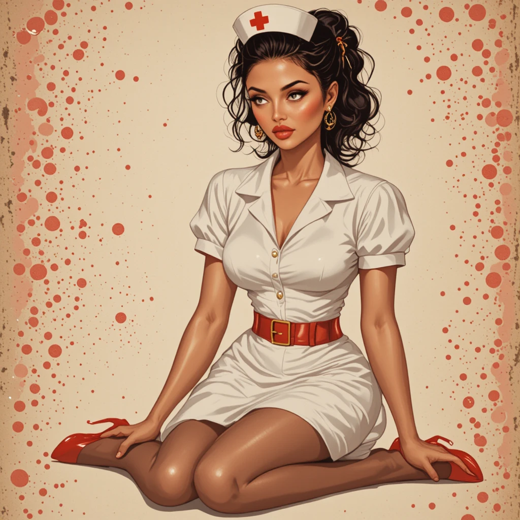 Playful vintage pin up nurse in red heels and stockings