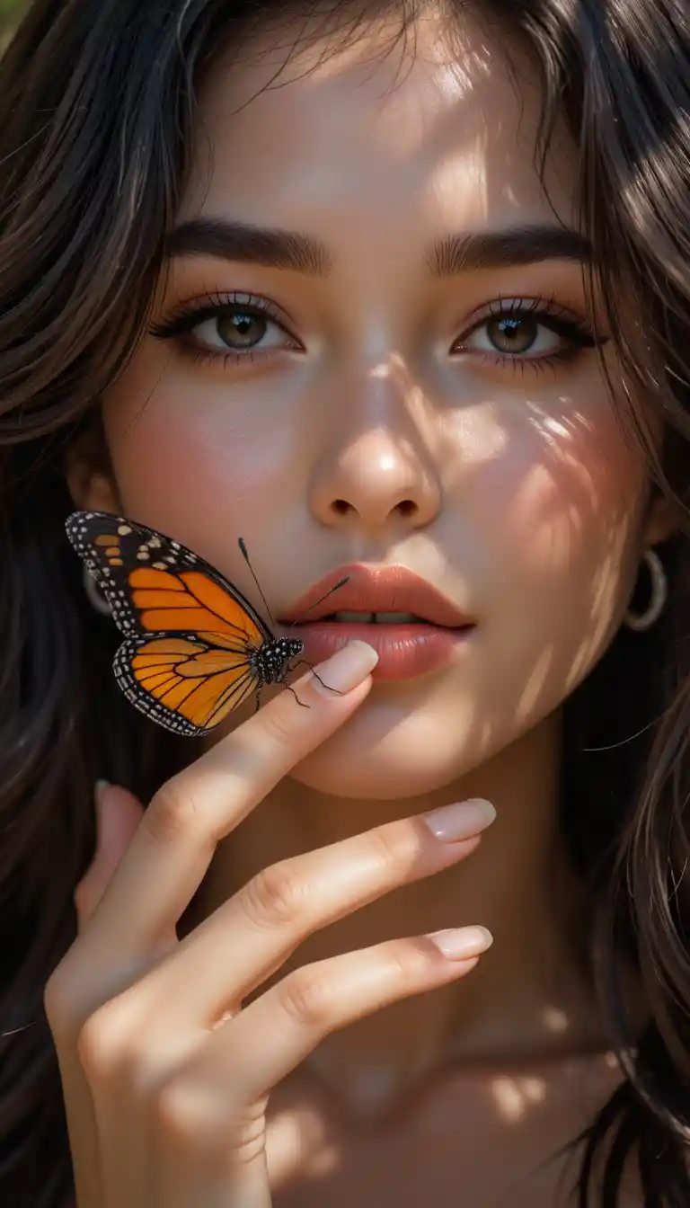Young woman kissing a monarch butterfly in dappled sunlight