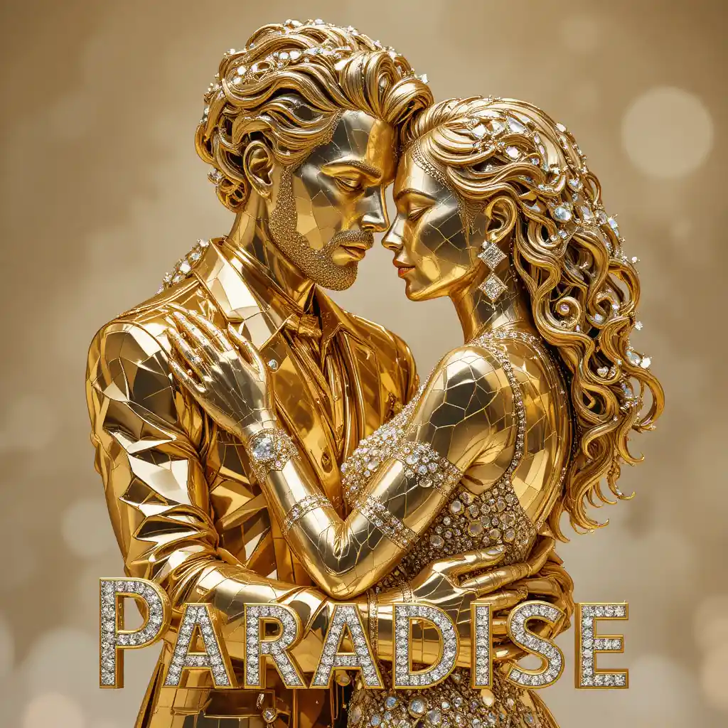 Golden couple in faceted 3d embrace with paradise text