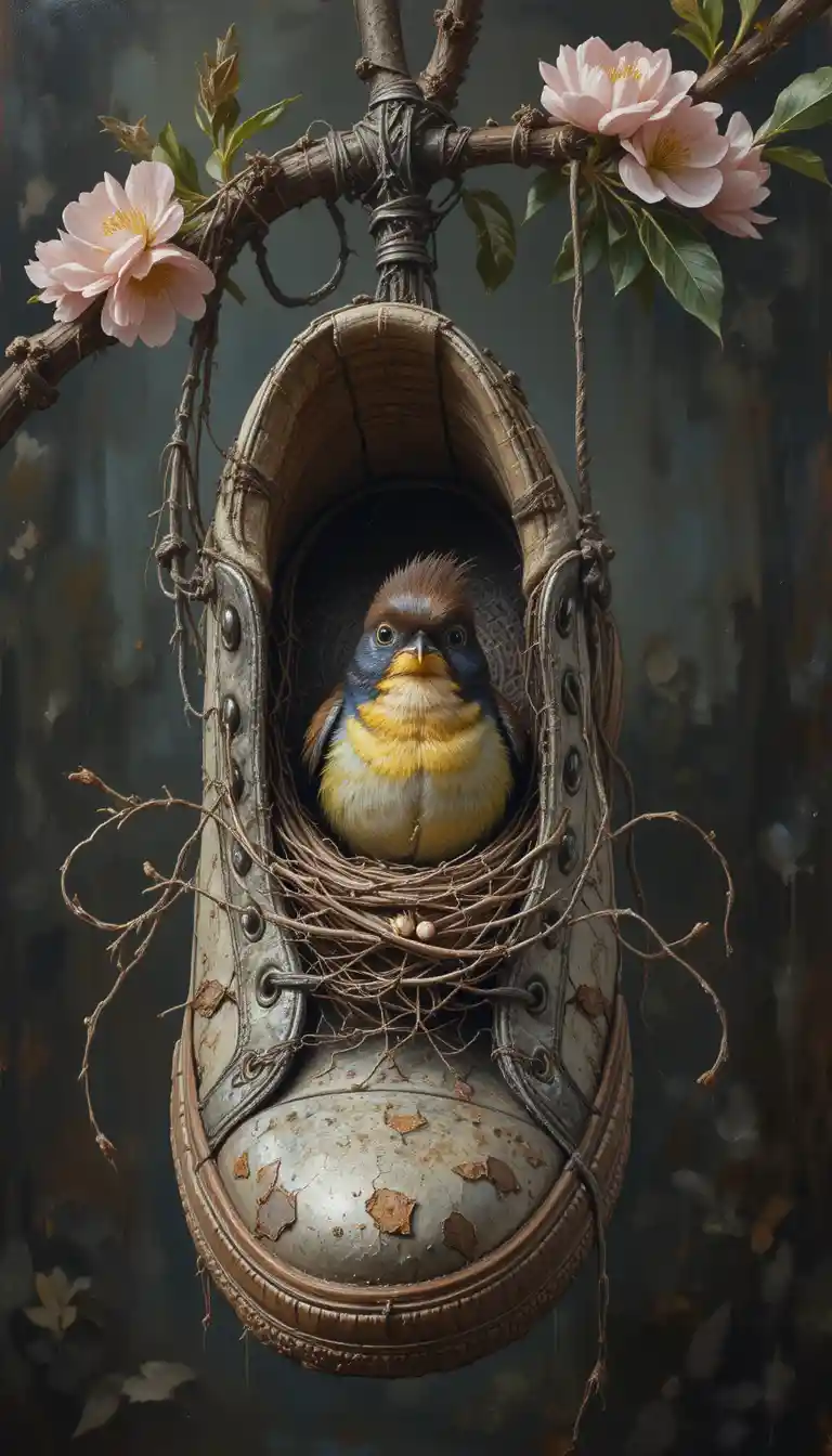 Oil painting of a bird nesting in an old hanging sneaker