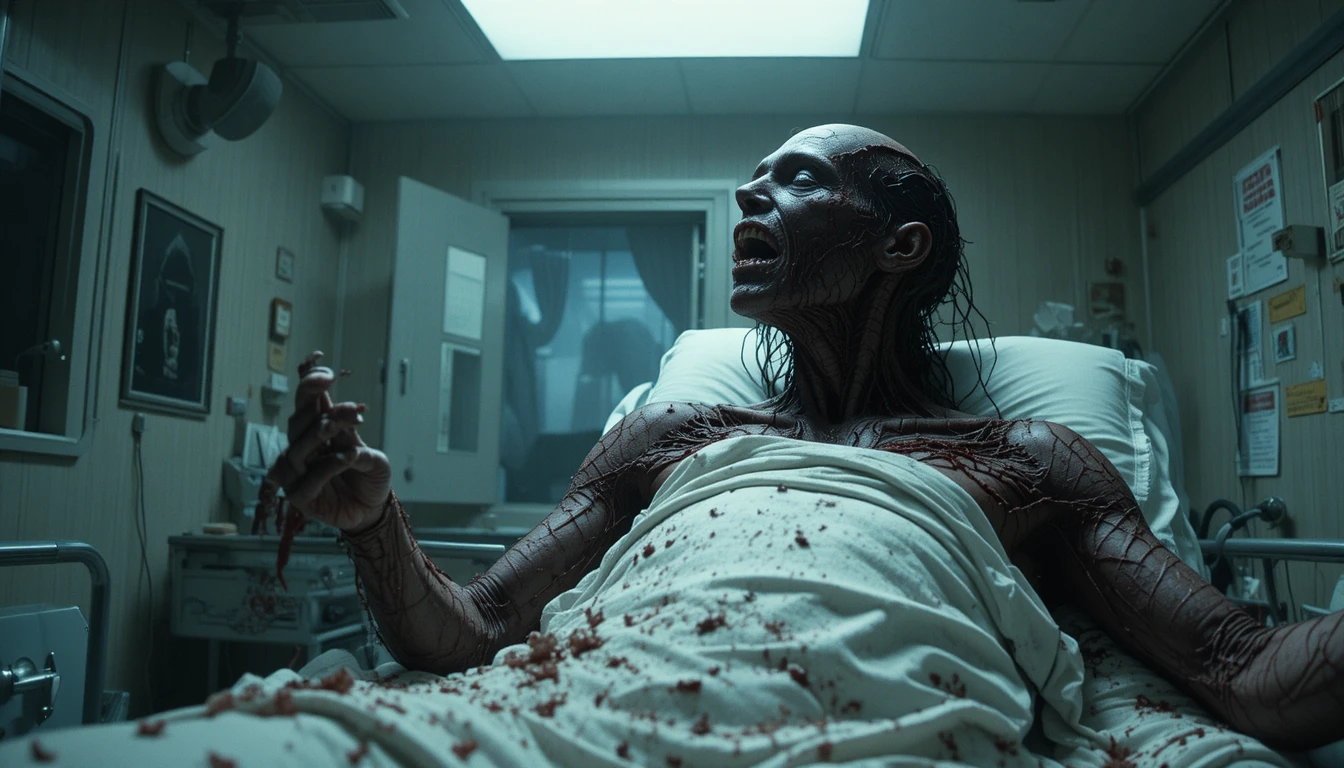 Terrifying hospital gurney scene in a claustrophobic nightmare