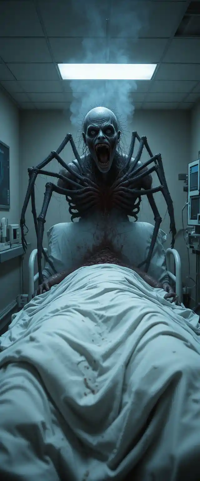 Grotesque hospital monster in a claustrophobic nightmare scene
