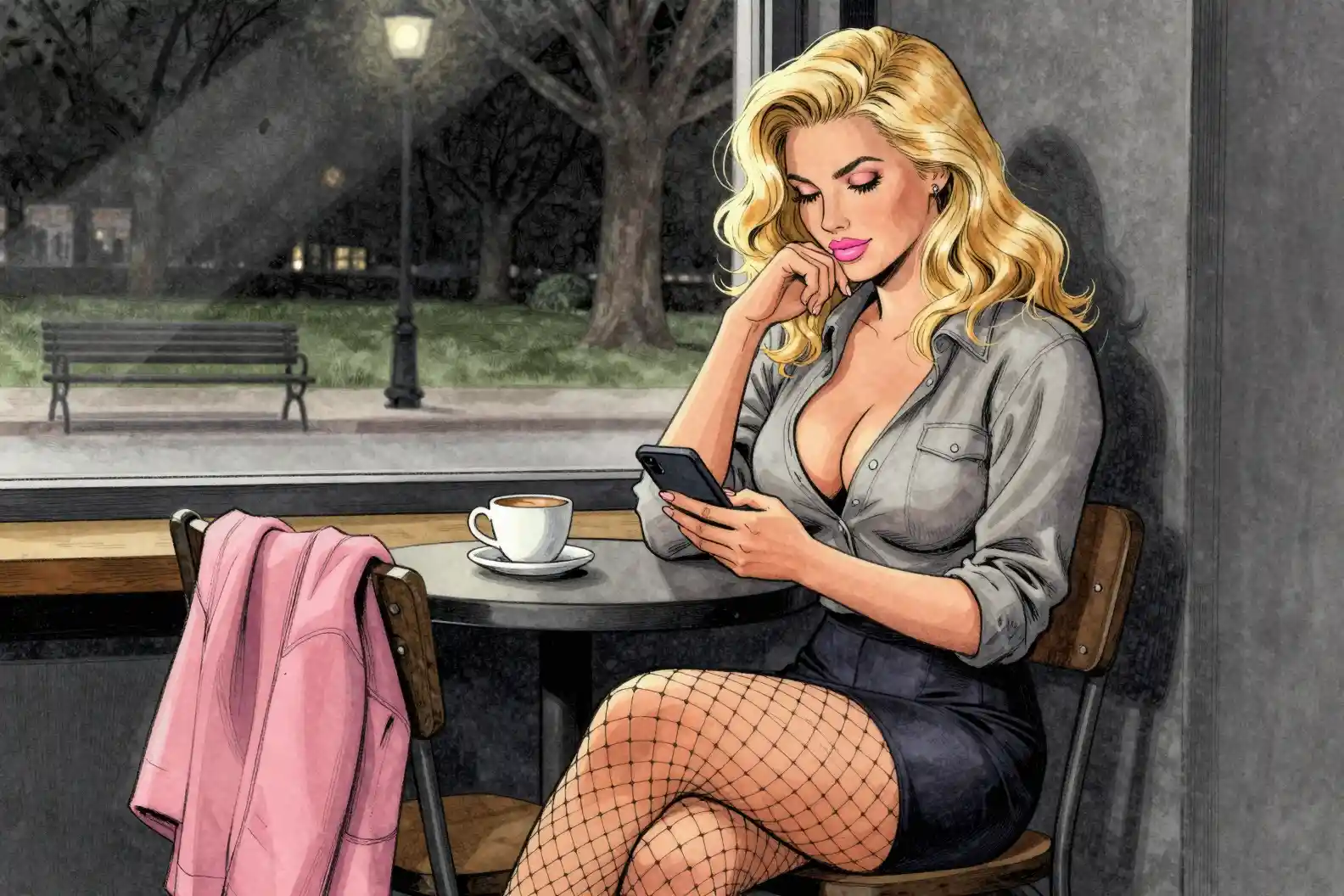 Thoughtful blonde woman at a cafe window at night