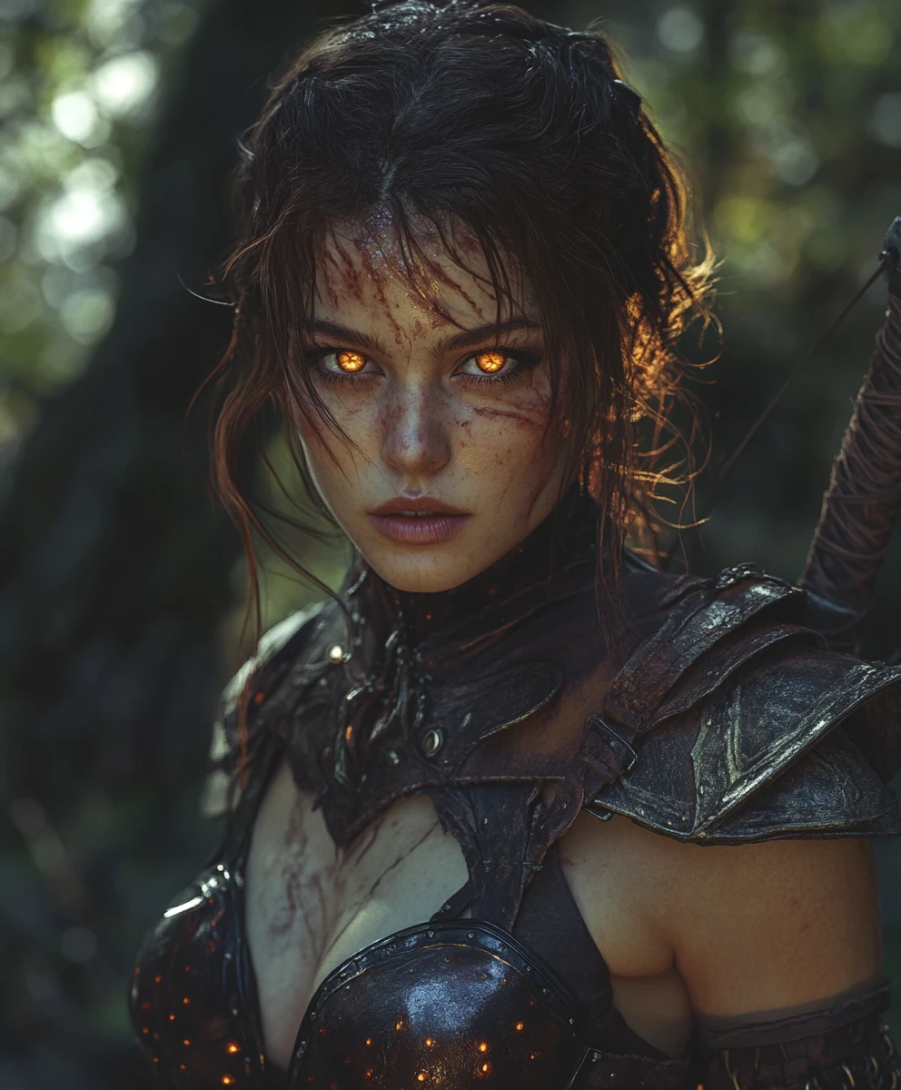 Feral fantasy warrior woman in an enchanted dark forest