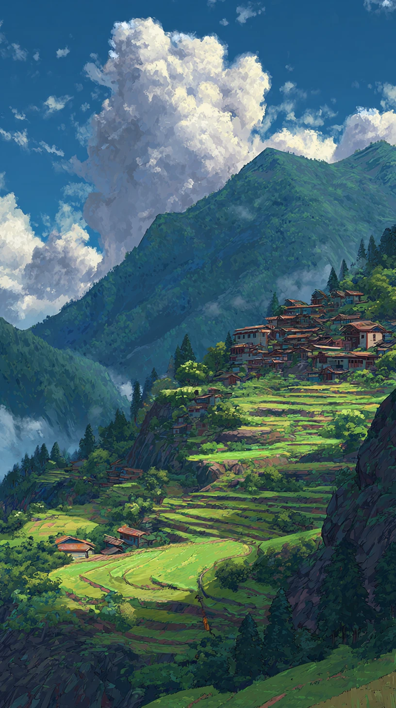 Anime mountain village amid terraced hills and misty peaks