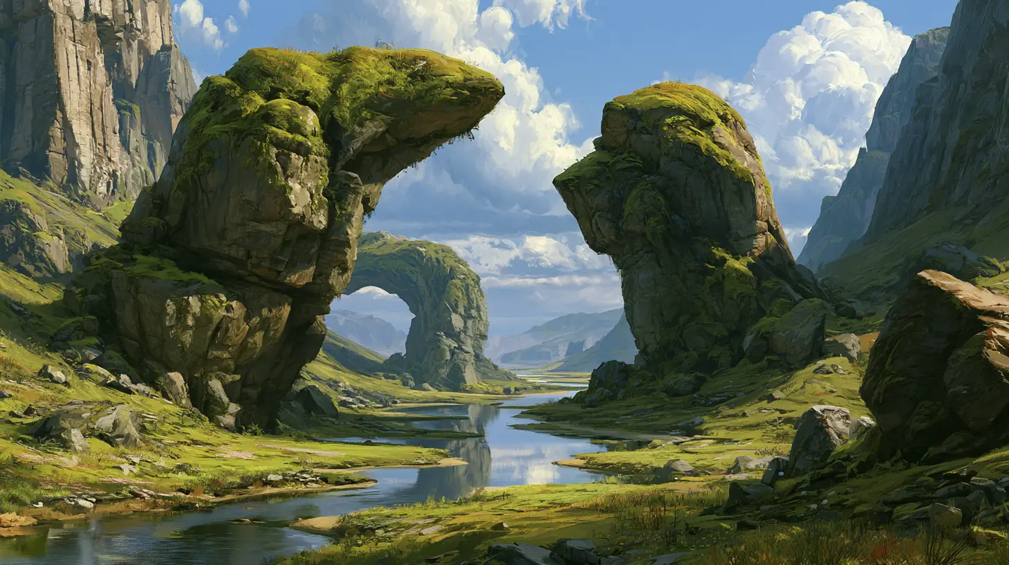 Serene mountain valley with mossy stone arches and river