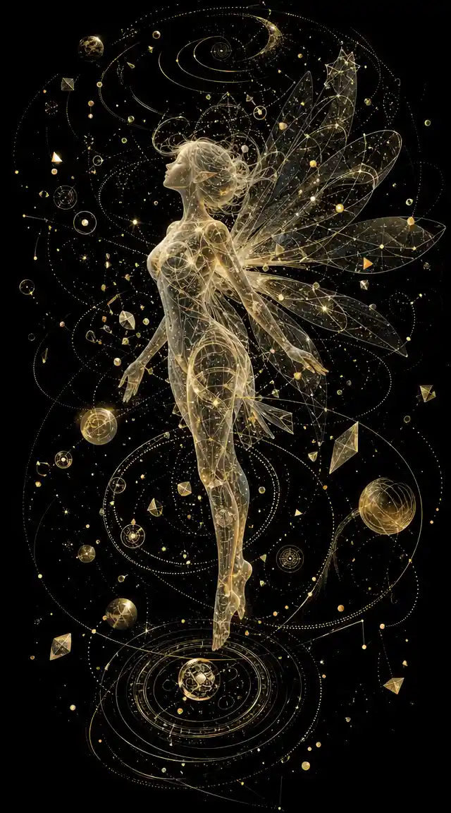 Luminous fairy floating in deep space with celestial rings