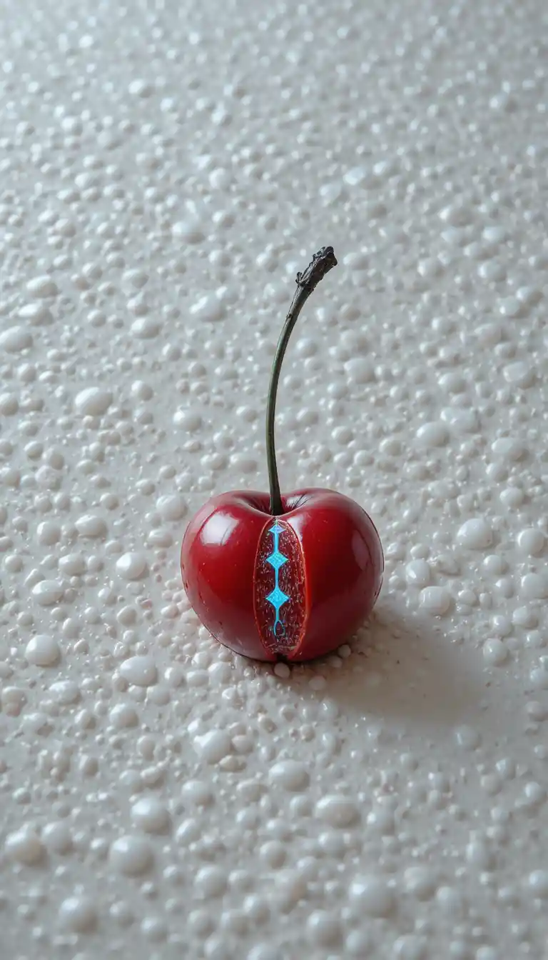 Surreal macro close up of a split cherry on white
