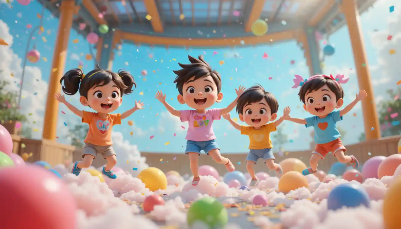 Kids jumping on colorful clouds in playful 3D scene