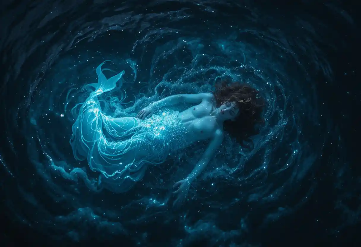 Serene woman floating above glowing deep ocean night waters