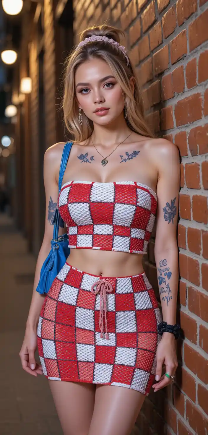 Woman in red open knit outfit against brick wall